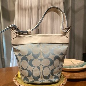 Coach Signature Blue/White Canvas Leather Messenger Bucket Duffle Shoulder Bag